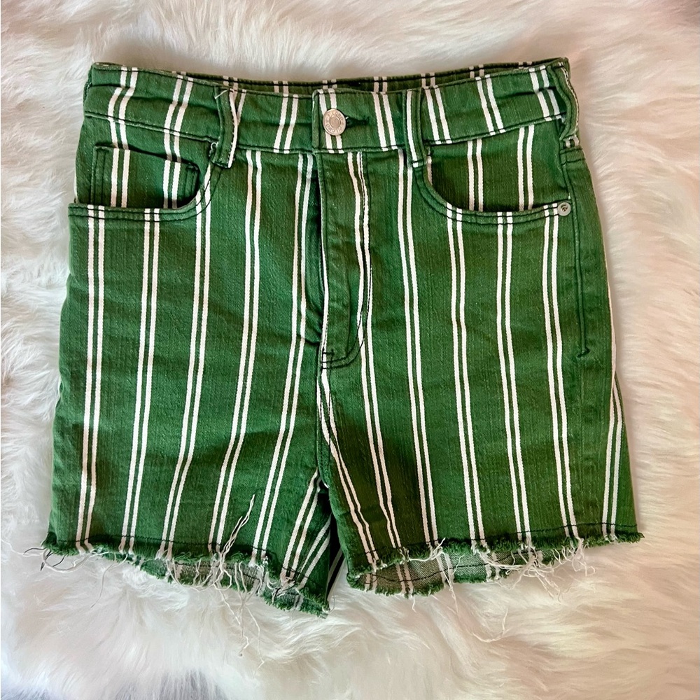 PILCRO | Green Striped High Rise Raw Hem Dyed Denim Shorts (26/2)